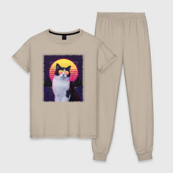 Пижама хлопковая женская Synthwave cat, цвет: миндальный