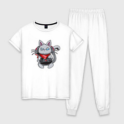 Пижама хлопковая женская Кот - геймер, цвет: белый