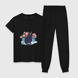 Пижама хлопковая женская Кот, лягушка и клумба, цвет: черный