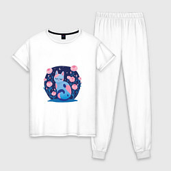 Пижама хлопковая женская Ночь и котик, цвет: белый