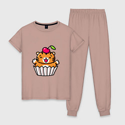 Пижама хлопковая женская Тигренок - пирожное, цвет: пыльно-розовый
