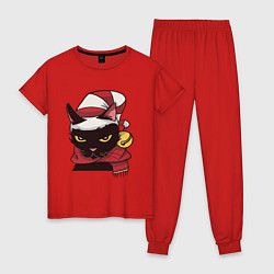 Пижама хлопковая женская Christmas Cat, цвет: красный