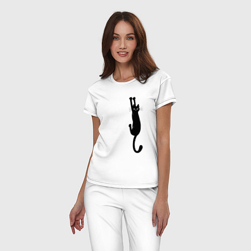 Женская пижама Черная кошка висит / Белый – фото 3