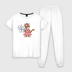 Пижама хлопковая женская Тигрица с цветком, цвет: белый