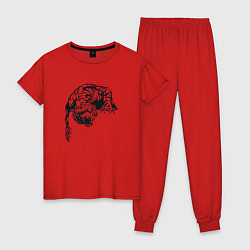Пижама хлопковая женская Опасный тигр Dangerous tiger черно-белый, цвет: красный