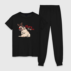 Пижама хлопковая женская Merry Pugmas, цвет: черный