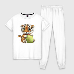 Пижама хлопковая женская Новогодний милашка тигрёнок, цвет: белый