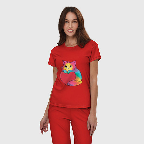 Женская пижама Влюбленный котик держит сердце / Красный – фото 3