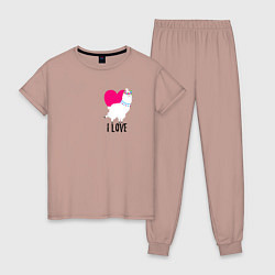 Пижама хлопковая женская Llama - i love, цвет: пыльно-розовый