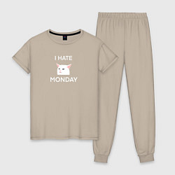 Пижама хлопковая женская I hate monday текст с котом, цвет: миндальный