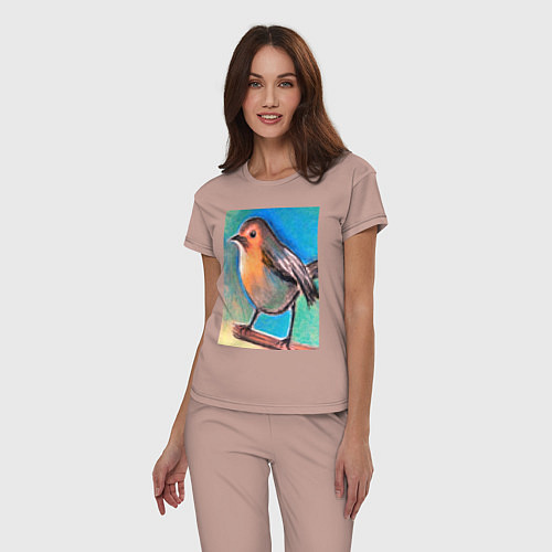 Женская пижама Рисунок пастелью птица синица / Пыльно-розовый – фото 3
