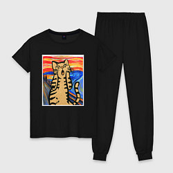 Пижама хлопковая женская Орущий кот пародия на Крик Мунка, цвет: черный
