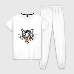 Пижама хлопковая женская Агрессивный тигр с монетой Шиба ину в пасти, цвет: белый