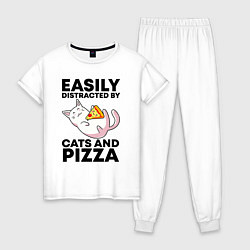 Пижама хлопковая женская Легко отвлекаюсь на котов и пиццу, цвет: белый
