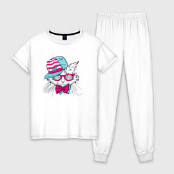 Пижама хлопковая женская Кот в кепке и с бабочкой, цвет: белый