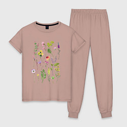 Пижама хлопковая женская Полевые растения цветы ботаника, цвет: пыльно-розовый