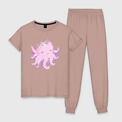 Пижама хлопковая женская Милая Осьминожка С Цветами, цвет: пыльно-розовый