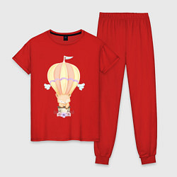 Пижама хлопковая женская Милый Лисёнок Летит На Воздушном Шаре С Цветами, цвет: красный