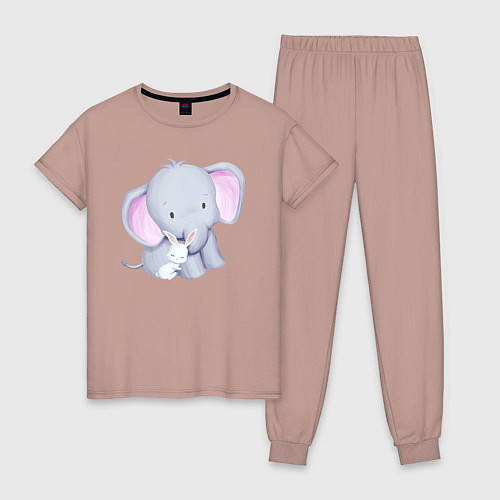 Женская пижама Милый Крольчонок Обнимает Слонёнка / Пыльно-розовый – фото 1