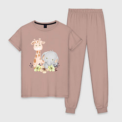Пижама хлопковая женская Милый Жирафик и Слонёнок Сидят Среди Цветов, цвет: пыльно-розовый