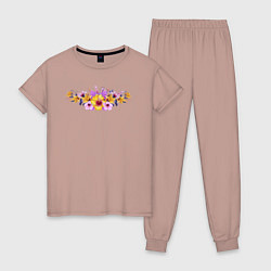 Пижама хлопковая женская Цветы Разноцветные Гибискус и Ирисы, цвет: пыльно-розовый