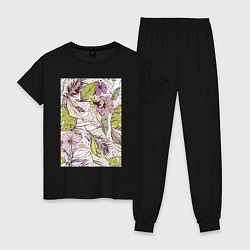 Пижама хлопковая женская Розовые цветы петуньи и салатовые,коричневые,бежев, цвет: черный