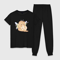 Пижама хлопковая женская Котик с крыльями, цвет: черный