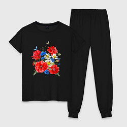 Пижама хлопковая женская Летний букет мак василек ромашка цветы лето, цвет: черный
