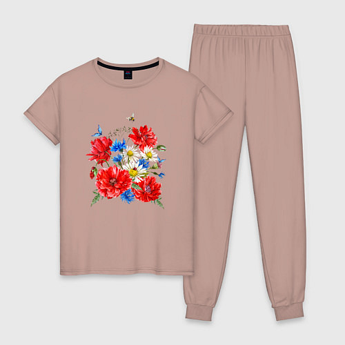 Женская пижама Летний букет мак василек ромашка цветы лето / Пыльно-розовый – фото 1