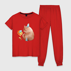 Пижама хлопковая женская Кошка с птичкой, цвет: красный