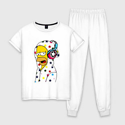 Пижама хлопковая женская Гомер Симпсон в звёздном балахоне и в наушниках, цвет: белый