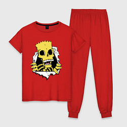 Пижама хлопковая женская Скелет Барта Симпсона разрывает ткань, цвет: красный