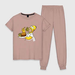 Пижама хлопковая женская Гомер Симпсон набил рот картофелем фри, цвет: пыльно-розовый