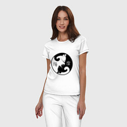 Пижама хлопковая женская Инь-Янь коты с иероглифами, цвет: белый — фото 2