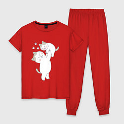Пижама хлопковая женская Мама кошка и котенок, цвет: красный