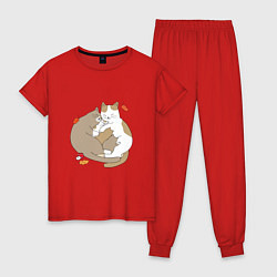 Пижама хлопковая женская Кошачья семья, цвет: красный