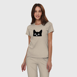 Пижама хлопковая женская Морда выглядывающего кота, цвет: миндальный — фото 2