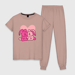 Пижама хлопковая женская Любовь кроликов, цвет: пыльно-розовый