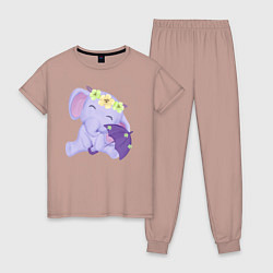 Пижама хлопковая женская Милый слонёнок с зонтиком, цвет: пыльно-розовый