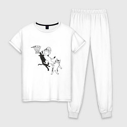 Пижама хлопковая женская Кошачий баскетбол, цвет: белый