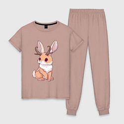 Пижама хлопковая женская Кролик с рожками - кролик олень, цвет: пыльно-розовый