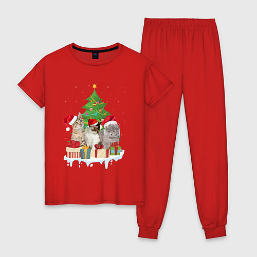 Женская пижама Коты и елка с подарками / Красный – фото 1