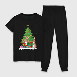 Пижама хлопковая женская Кролики елка и подарки, цвет: черный