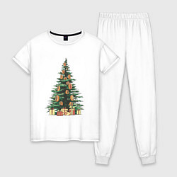 Пижама хлопковая женская Новогодняя елка с хот-догами, цвет: белый