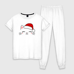 Пижама хлопковая женская Кошачья мордочка - Новогодняя, цвет: белый