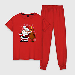 Пижама хлопковая женская Санта и олень, цвет: красный