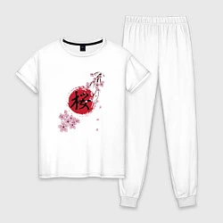 Пижама хлопковая женская Цветущая вишня и красный круг с японским иероглифо, цвет: белый