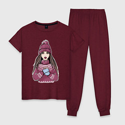 Пижама хлопковая женская Милая девушка, цвет: меланж-бордовый