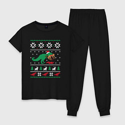 Пижама хлопковая женская Новогодний тирекс - ugly sweater, цвет: черный