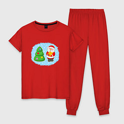 Пижама хлопковая женская Мультяшный Санта Клаус с новогодней ёлкой, цвет: красный